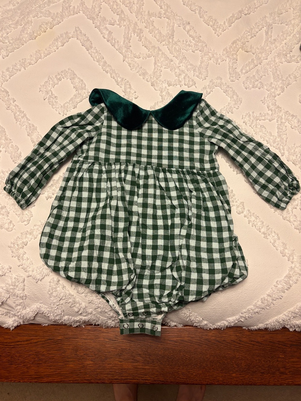 Green Gingham Baby Bubble Romper with Velvet Peter Pan Collar, Twin Girls